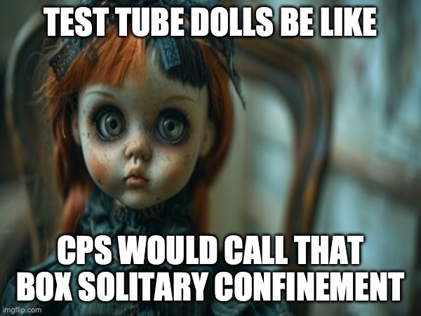 Test Tube Dolls Be Like | TEST TUBE DOLLS BE LIKE; CPS WOULD CALL THAT BOX SOLITARY CONFINEMENT | image tagged in test tube dolls,genetic engineering,genetics,genetics humor,science,test tube humor | made w/ Imgflip meme maker