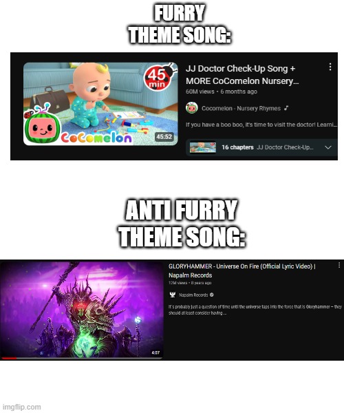 Furry vs Anti furry them songs part 2: | FURRY THEME SONG:; ANTI FURRY THEME SONG: | image tagged in blank white template,anti furry,songs,based | made w/ Imgflip meme maker