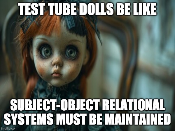 Test Tube Dolls Be Like | TEST TUBE DOLLS BE LIKE; SUBJECT-OBJECT RELATIONAL SYSTEMS MUST BE MAINTAINED | image tagged in test tube dolls,genetic engineering,genetics,genetics humor,science,test tube humor | made w/ Imgflip meme maker