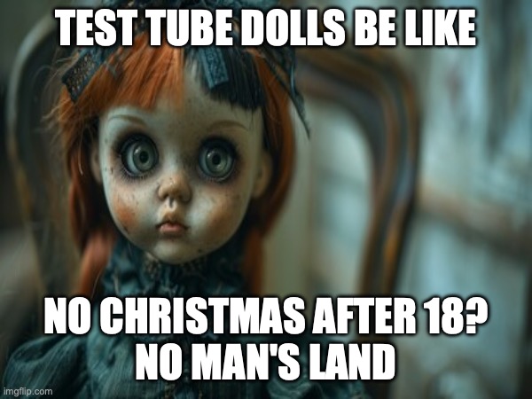 Test Tube Dolls Be Like | TEST TUBE DOLLS BE LIKE; NO CHRISTMAS AFTER 18?
NO MAN'S LAND | image tagged in test tube dolls,genetic engineering,genetics,genetics humor,science,test tube humor | made w/ Imgflip meme maker