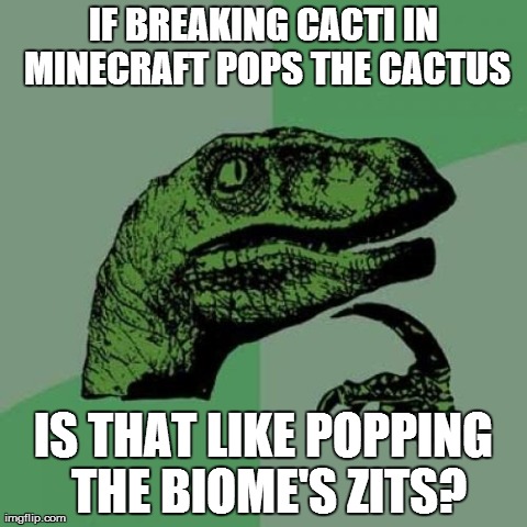 i was just building and this came to mind... | IF BREAKING CACTI IN MINECRAFT POPS THE CACTUS IS THAT LIKE POPPING THE BIOME'S ZITS? | image tagged in memes,philosoraptor | made w/ Imgflip meme maker