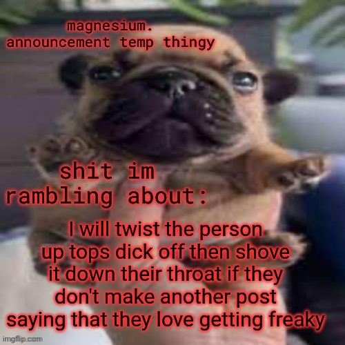 pug temp | I will twist the person up tops dick off then shove it down their throat if they don't make another post saying that they love getting freaky | image tagged in pug temp | made w/ Imgflip meme maker