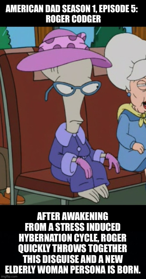 American Dad: Roger crossdresses as an old woman | AMERICAN DAD SEASON 1, EPISODE 5: 
 ROGER CODGER; AFTER AWAKENING FROM A STRESS INDUCED HYBERNATION CYCLE, ROGER QUICKLY THROWS TOGETHER THIS DISGUISE AND A NEW ELDERLY WOMAN PERSONA IS BORN. | image tagged in american dad,roger,crossdresser,crossdressing,old woman | made w/ Imgflip meme maker