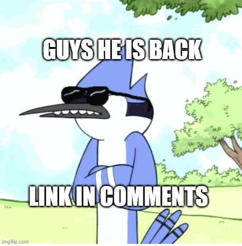 mordecai regular show shades lame | GUYS HE IS BACK; LINK IN COMMENTS | image tagged in mordecai regular show shades lame | made w/ Imgflip meme maker