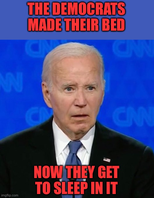 Hopefully voters now see the Democrat party is completely devoid of character and ethics. | THE DEMOCRATS MADE THEIR BED; NOW THEY GET TO SLEEP IN IT | image tagged in biden debate,democrat party,dementia | made w/ Imgflip meme maker