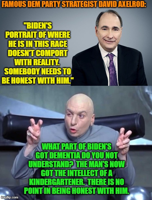 Biden no longer has enough brainpower to understand how little brain power he's got left. | FAMOUS DEM PARTY STRATEGIST DAVID AXELROD:; "BIDEN'S PORTRAIT OF WHERE HE IS IN THIS RACE DOESN'T COMPORT WITH REALITY.  SOMEBODY NEEDS TO BE HONEST WITH HIM."; WHAT PART OF BIDEN'S GOT DEMENTIA DO YOU NOT UNDERSTAND?  THE MAN'S NOW GOT THE INTELLECT OF A KINDERGARTENER.  THERE IS NO POINT IN BEING HONEST WITH HIM. | image tagged in yep | made w/ Imgflip meme maker