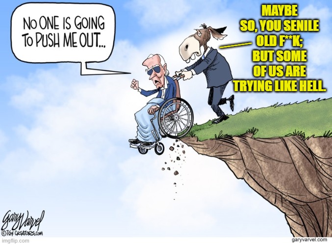 Now it's the Left trying to push grandpa off the cliff. | MAYBE SO, YOU SENILE OLD F**K; BUT SOME OF US ARE TRYING LIKE HELL. ___ | image tagged in yep | made w/ Imgflip meme maker
