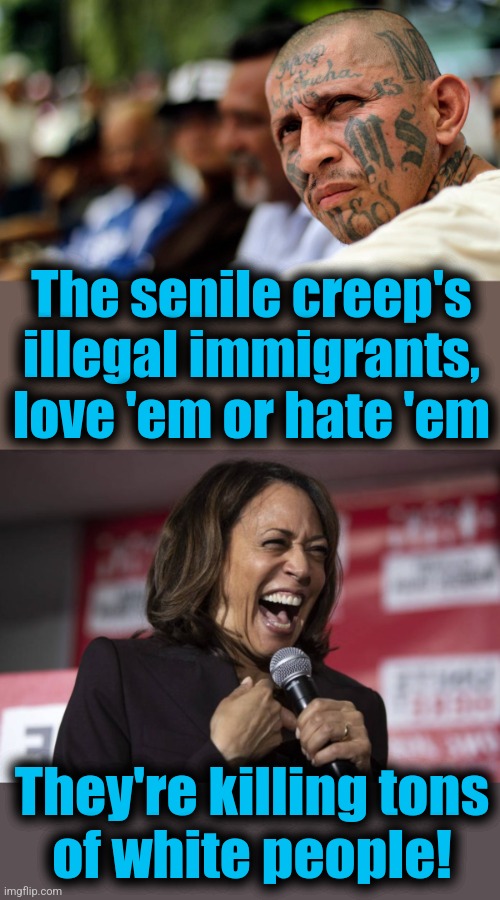 The senile creep's illegal immigrants, love 'em or hate 'em; They're killing tons
of white people! | image tagged in kamala laughing,joe biden,democrats,illegal immigrants,crime,white people | made w/ Imgflip meme maker