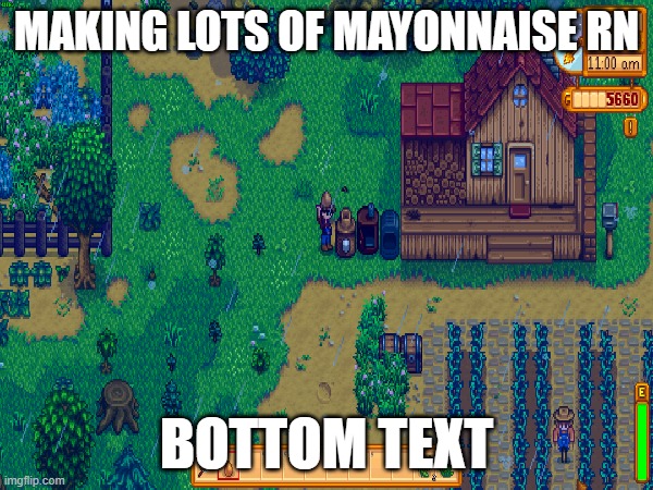 stardew valley be like | MAKING LOTS OF MAYONNAISE RN; BOTTOM TEXT | image tagged in stardew valley | made w/ Imgflip meme maker