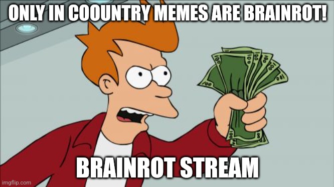 This sttream is for brainrot noobs | ONLY IN COOUNTRY MEMES ARE BRAINROT! BRAINROT STREAM | image tagged in memes,shut up and take my money fry | made w/ Imgflip meme maker