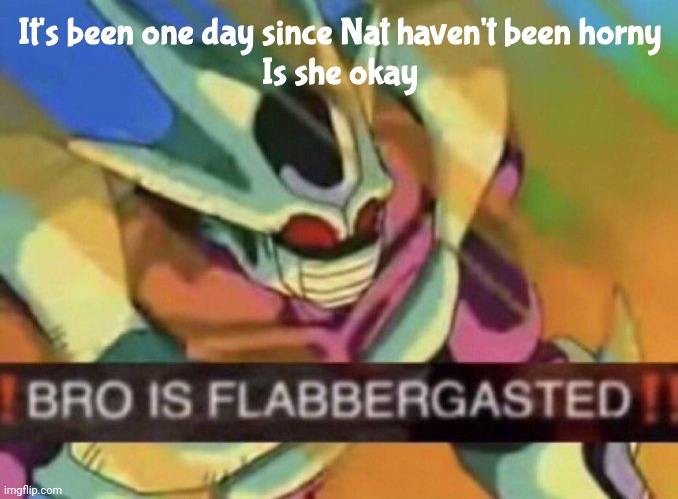 BRO IS FLABBERGASTED | It's been one day since Nat haven't been horny
Is she okay | image tagged in bro is flabbergasted | made w/ Imgflip meme maker