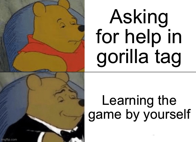 Tryhards are gonna pick the bottom one | Asking for help in gorilla tag; Learning the game by yourself | image tagged in memes,tuxedo winnie the pooh | made w/ Imgflip meme maker