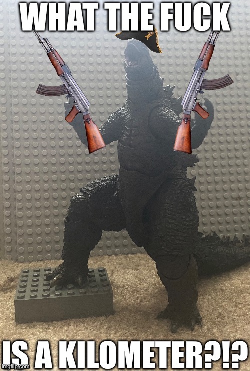 What the fuck is a kilometer?!? Godzilla | image tagged in what the fuck is a kilometer godzilla | made w/ Imgflip meme maker