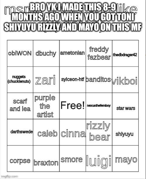 msmg user bingo | BRO YK I MADE THIS 8-9 MONTHS AGO WHEN YOU GOT TONI SHIYUYU RIZZLY AND MAYO ON THIS MF | image tagged in msmg user bingo | made w/ Imgflip meme maker