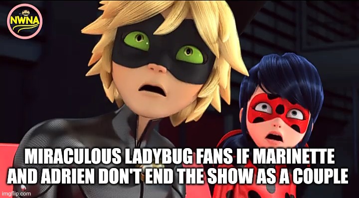 ML fans | MIRACULOUS LADYBUG FANS IF MARINETTE AND ADRIEN DON'T END THE SHOW AS A COUPLE | image tagged in miraculous ladybug | made w/ Imgflip meme maker