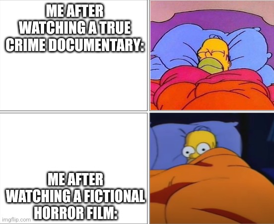 Homer Simpson sleeping | ME AFTER WATCHING A TRUE CRIME DOCUMENTARY:; ME AFTER WATCHING A FICTIONAL HORROR FILM: | image tagged in homer simpson sleeping | made w/ Imgflip meme maker