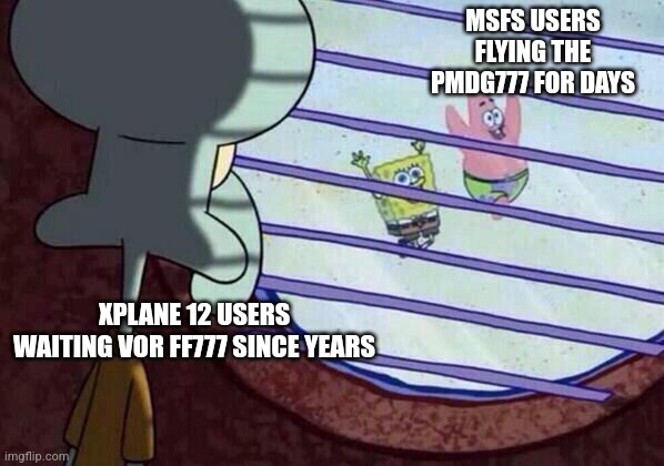 Squidward window | MSFS USERS FLYING THE PMDG777 FOR DAYS; XPLANE 12 USERS WAITING VOR FF777 SINCE YEARS | image tagged in squidward window | made w/ Imgflip meme maker