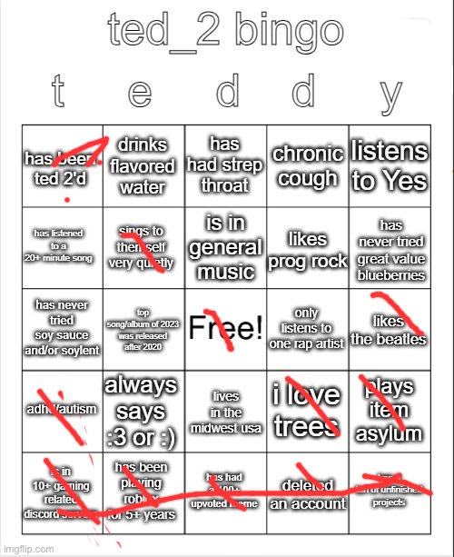 i finally got a bingo on one of these, time to never do one again | image tagged in ted_2 bingo | made w/ Imgflip meme maker