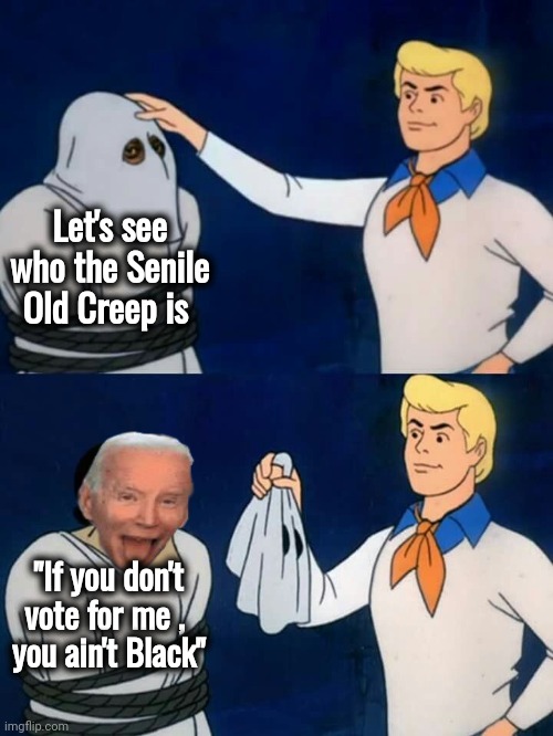 Scooby doo mask reveal | Let's see who the Senile Old Creep is "If you don't vote for me , 
you ain't Black" | image tagged in scooby doo mask reveal | made w/ Imgflip meme maker