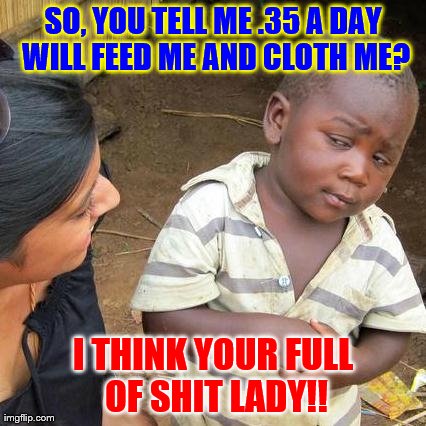 Third World Skeptical Kid | SO, YOU TELL ME .35 A DAY WILL FEED ME AND CLOTH ME? I THINK YOUR FULL OF SHIT LADY!! | image tagged in memes,third world skeptical kid | made w/ Imgflip meme maker