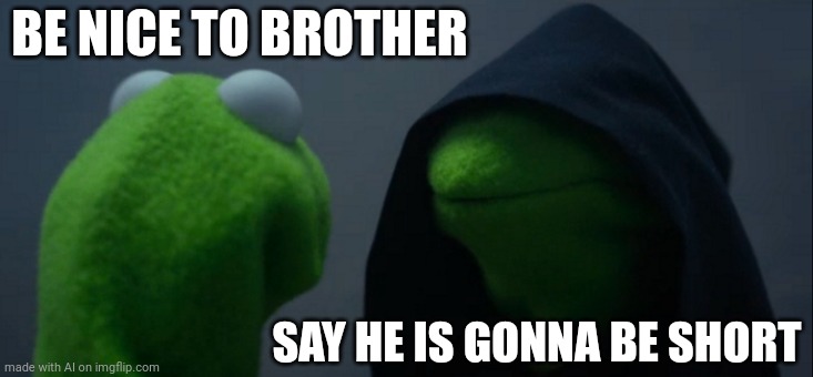 Evil Kermit | BE NICE TO BROTHER; SAY HE IS GONNA BE SHORT | image tagged in memes,evil kermit,dumb but funny | made w/ Imgflip meme maker