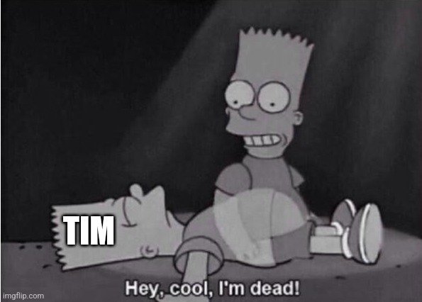 Hey, cool, I'm dead! | TIM | image tagged in hey cool i'm dead | made w/ Imgflip meme maker