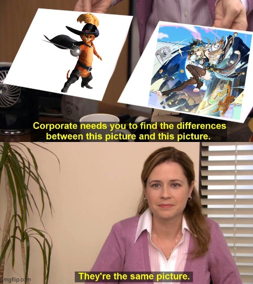 Many people saying Kirara's new skin looks like Puss in boots. And they really looks a bit similar. | image tagged in they are the same picture,funny,skin,puss in boots,genshin impact | made w/ Imgflip meme maker