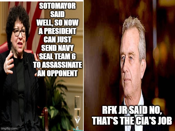 Political Dark Humor, except it's true | SOTOMAYOR SAID WELL, SO NOW A PRESIDENT CAN JUST SEND NAVY SEAL TEAM 6 TO ASSASSINATE AN OPPONENT; RFK JR SAID NO, THAT'S THE CIA'S JOB | image tagged in politics,dark humor | made w/ Imgflip meme maker
