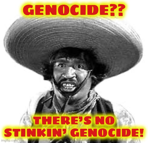 Badges we dont need no stinking badges | GENOCIDE?? THERE’S NO STINKIN’ GENOCIDE! | image tagged in badges we dont need no stinking badges | made w/ Imgflip meme maker