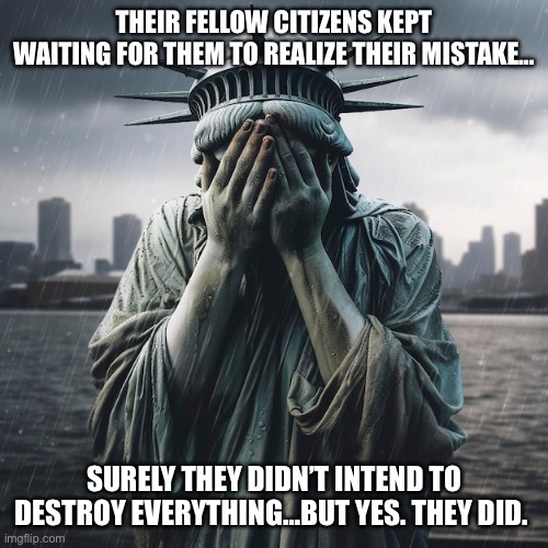 Project 25’ is cool w them too. | THEIR FELLOW CITIZENS KEPT WAITING FOR THEM TO REALIZE THEIR MISTAKE…; SURELY THEY DIDN’T INTEND TO DESTROY EVERYTHING…BUT YES. THEY DID. | image tagged in sad america | made w/ Imgflip meme maker