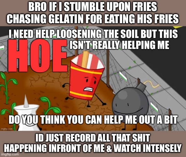 I need help loosening the soil but this hoe | BRO IF I STUMBLE UPON FRIES CHASING GELATIN FOR EATING HIS FRIES; ID JUST RECORD ALL THAT SHIT HAPPENING INFRONT OF ME & WATCH INTENSELY | image tagged in i need help loosening the soil but this hoe | made w/ Imgflip meme maker