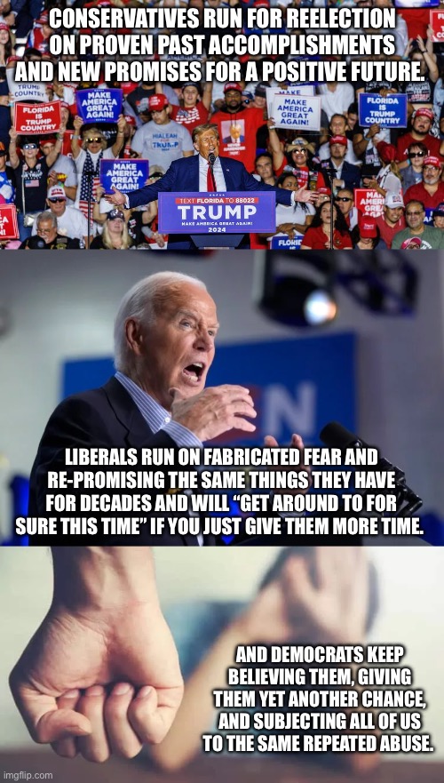 Politics 101: The difference between conservatives and liberals. | CONSERVATIVES RUN FOR REELECTION ON PROVEN PAST ACCOMPLISHMENTS AND NEW PROMISES FOR A POSITIVE FUTURE. LIBERALS RUN ON FABRICATED FEAR AND RE-PROMISING THE SAME THINGS THEY HAVE FOR DECADES AND WILL “GET AROUND TO FOR SURE THIS TIME” IF YOU JUST GIVE THEM MORE TIME. AND DEMOCRATS KEEP BELIEVING THEM, GIVING THEM YET ANOTHER CHANCE, AND SUBJECTING ALL OF US TO THE SAME REPEATED ABUSE. | image tagged in liberal vs conservative | made w/ Imgflip meme maker