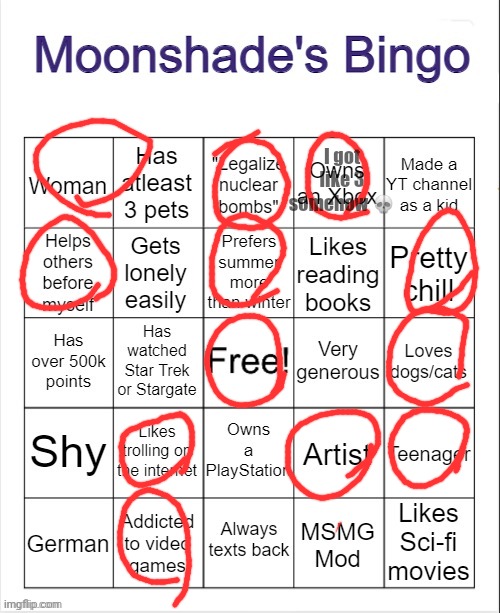 Moonshade's Bingo | I got like 3 somehow 💀 | image tagged in moonshade's bingo | made w/ Imgflip meme maker