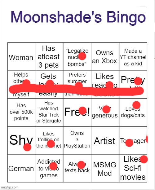 Moonshade's Bingo | image tagged in moonshade's bingo | made w/ Imgflip meme maker