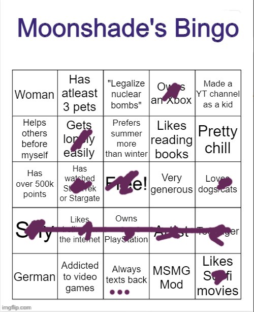 Moonshade's Bingo | image tagged in moonshade's bingo | made w/ Imgflip meme maker