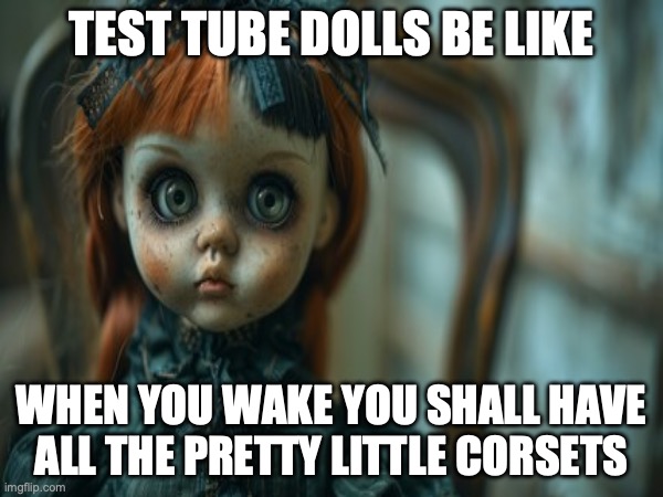 Test Tube Dolls Be Like | TEST TUBE DOLLS BE LIKE; WHEN YOU WAKE YOU SHALL HAVE
ALL THE PRETTY LITTLE CORSETS | image tagged in test tube dolls,genetic engineering,genetics,genetics humor,science,test tube humor | made w/ Imgflip meme maker