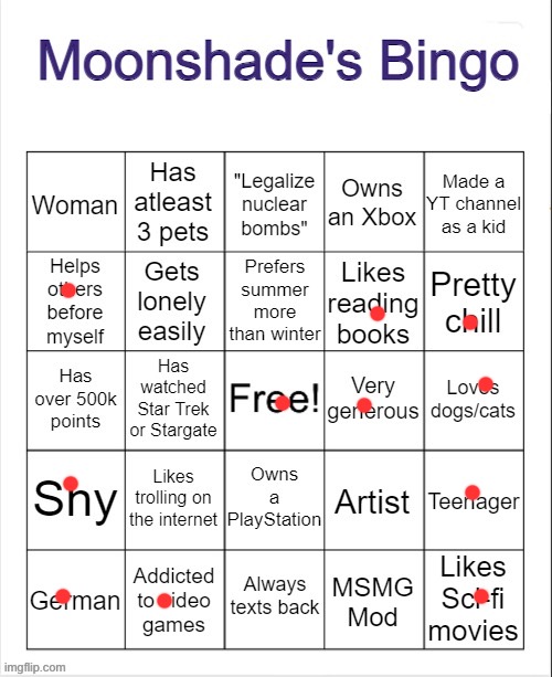 Moonshade's Bingo | image tagged in moonshade's bingo | made w/ Imgflip meme maker