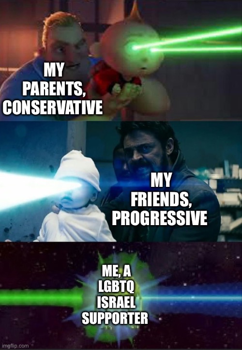 Yeah this sums it up ? | MY PARENTS, CONSERVATIVE; MY FRIENDS, PROGRESSIVE; ME, A LGBTQ ISRAEL SUPPORTER | image tagged in laser babies to mike wazowski | made w/ Imgflip meme maker