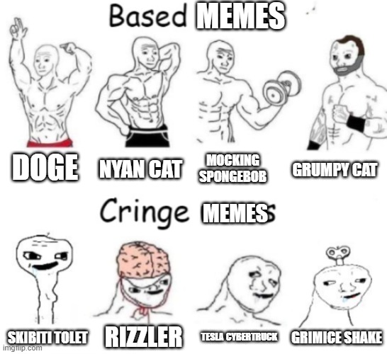 Based users v.s. cringe users | MEMES; DOGE; NYAN CAT; MOCKING SPONGEBOB; GRUMPY CAT; MEMES; TESLA CYBERTRUCK; RIZZLER; GRIMICE SHAKE; SKIBITI TOLET | image tagged in based users v s cringe users | made w/ Imgflip meme maker