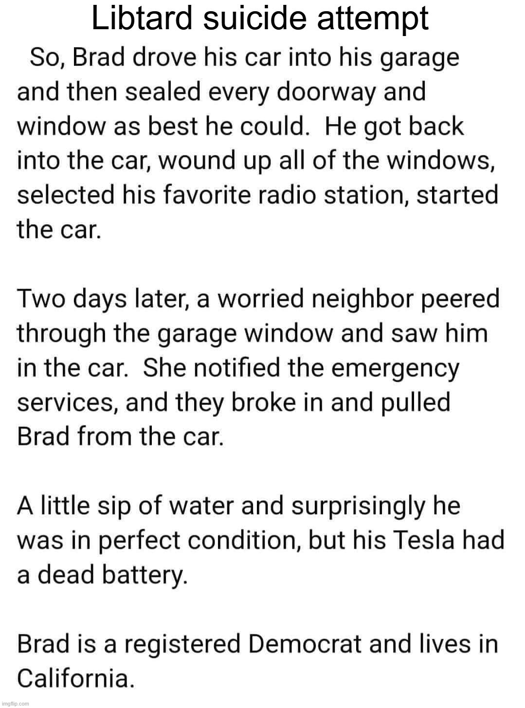 Suicide by Tesla | image tagged in libtards,commiefornia,california,stupid people be like,stupid liberals,goofy stupid liberal college student | made w/ Imgflip meme maker