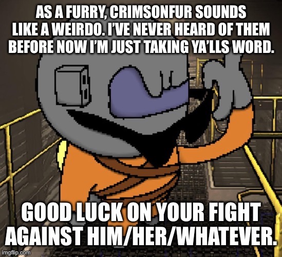 Good luck guys. I’m not really sure what’s going on but the guy you’re fighting does sound a little weird | image tagged in anti furry,support | made w/ Imgflip meme maker