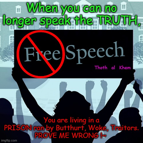 No FREE SPEECH? NO FREEDOM | When you can no longer speak the TRUTH, Thoth   al   Khem; You are living in a PRISON ran by Butthurt, Woke, Traitors.
PROVE ME WRONG !~ | image tagged in 1st amendment,constitution,shall not be abridged,usa,no freedom post biden 2020,biden is demented | made w/ Imgflip meme maker