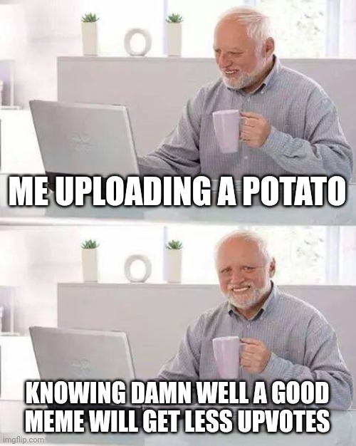 Hide the Pain Harold Meme | ME UPLOADING A POTATO KNOWING DAMN WELL A GOOD MEME WILL GET LESS UPVOTES | image tagged in memes,hide the pain harold | made w/ Imgflip meme maker