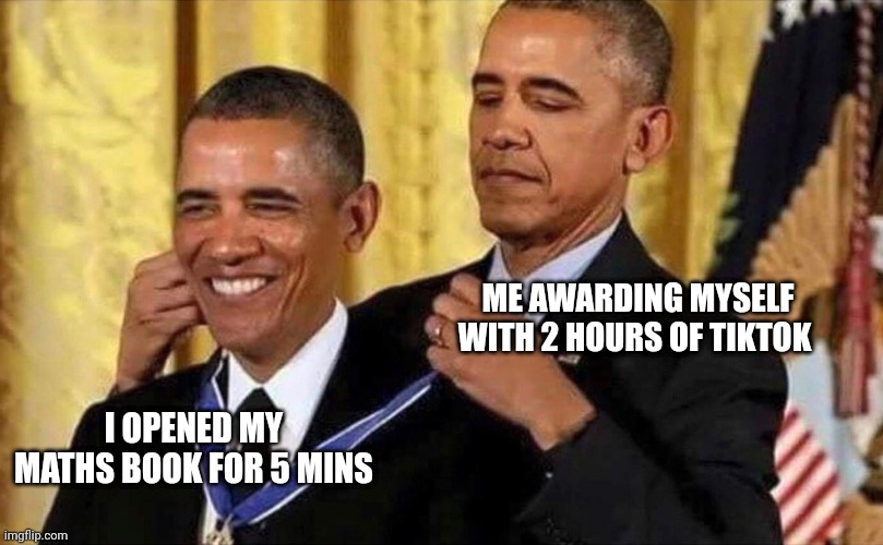 obama medal | ME AWARDING MYSELF WITH 2 HOURS OF TIKTOK; I OPENED MY MATHS BOOK FOR 5 MINS | image tagged in obama medal | made w/ Imgflip meme maker