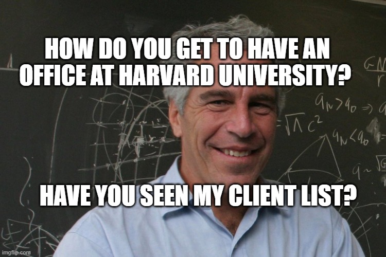 Jeffrey Epstein | HOW DO YOU GET TO HAVE AN OFFICE AT HARVARD UNIVERSITY? HAVE YOU SEEN MY CLIENT LIST? | image tagged in jeffrey epstein | made w/ Imgflip meme maker