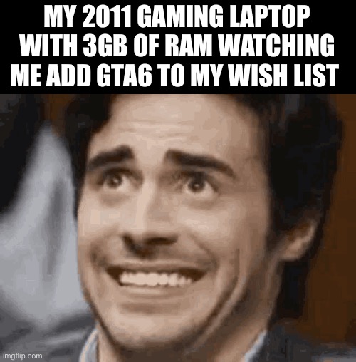 Oh no, no, no, please have mercy MERCY PLEASE PLEASE NO NOO (repload because of typo in the last) | MY 2011 GAMING LAPTOP WITH 3GB OF RAM WATCHING ME ADD GTA6 TO MY WISH LIST | image tagged in nervous smile | made w/ Imgflip meme maker