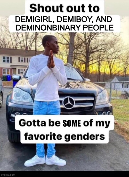 Shout out to any demiboy, demigirl, and deminonbinary people out there | DEMIGIRL, DEMIBOY, AND 
DEMINONBINARY PEOPLE; SOME | image tagged in gotta be one of my favorite genders,demigirl,demiboy,deminonbinary,lgbtq,genders | made w/ Imgflip meme maker