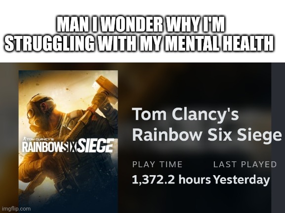 R6S is "fun" | MAN I WONDER WHY I'M STRUGGLING WITH MY MENTAL HEALTH | image tagged in blank white template | made w/ Imgflip meme maker