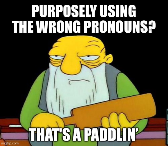 Using the wrong pronouns? That's a paddlin’ | PURPOSELY USING THE WRONG PRONOUNS? THAT'S A PADDLIN’ | image tagged in that's a paddlin',the simpsons,jasper beardsley,pronouns,lgbtq | made w/ Imgflip meme maker