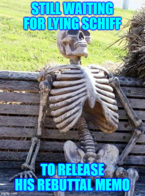 Waiting Skeleton Meme | STILL WAITING FOR LYING SCHIFF TO RELEASE HIS REBUTTAL MEMO | image tagged in memes,waiting skeleton | made w/ Imgflip meme maker